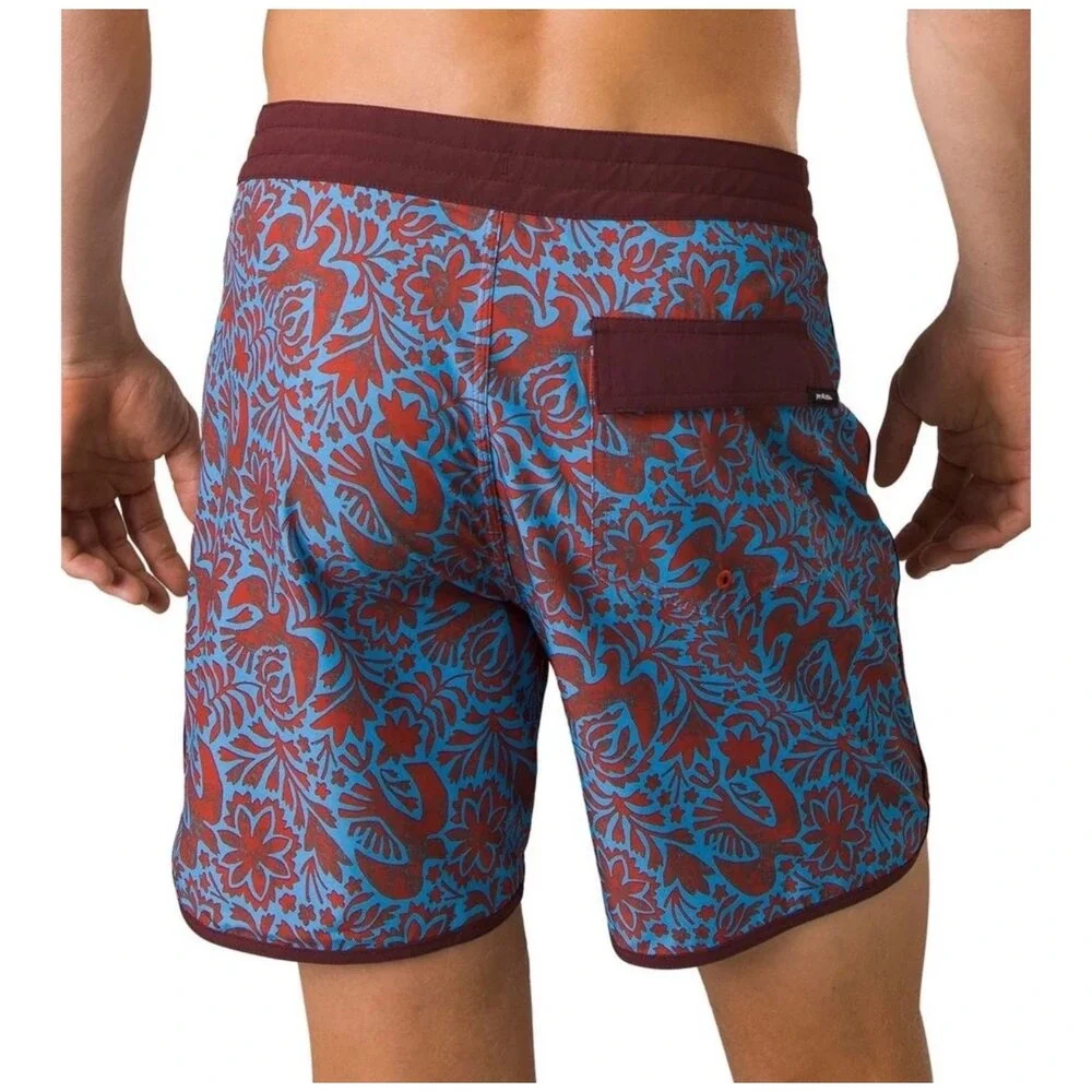 Prana‎ High Seas Board Shorts Mens 36 Red Blue Otomi Bird Floral Swim Trunks H2